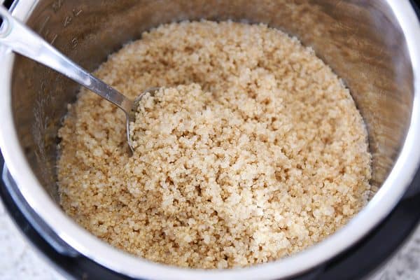 Top down view of cooked quinoa in the Instant Pot.