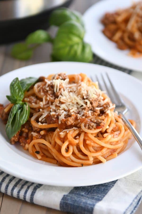 Instant pot spaghetti on white plate with fresh basil.