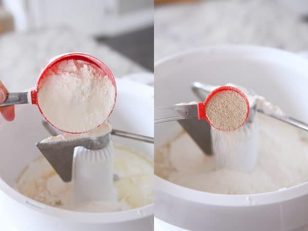 Adding flour and yeast to cinnamon roll dough.