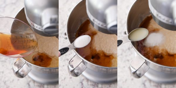 honey, salt, and lemon juice going into a bowl of whole wheat flour dough