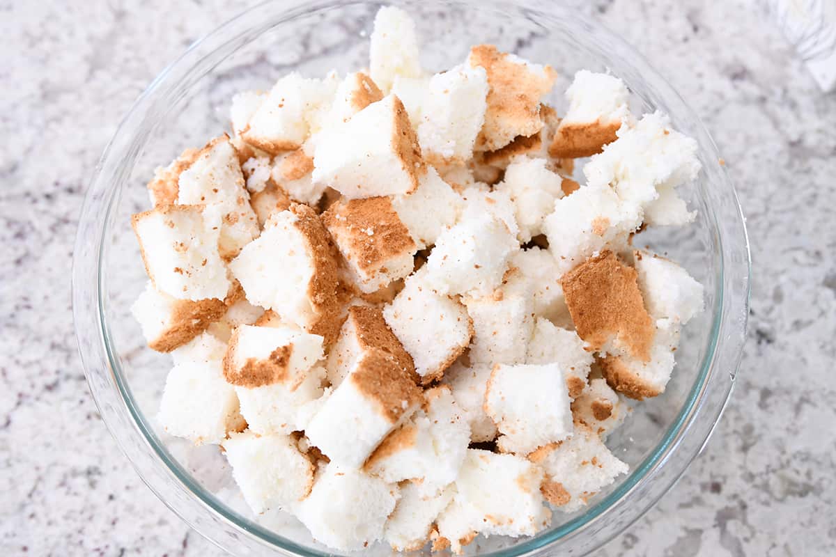 Bowl of angel food cake pieces.