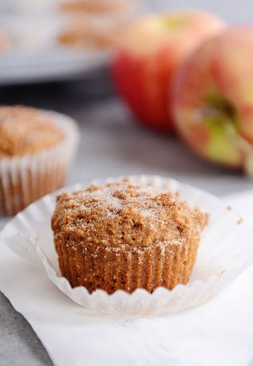 A cinnamon and sugar dusted applesauce muffin sitting on a white muffin liner.