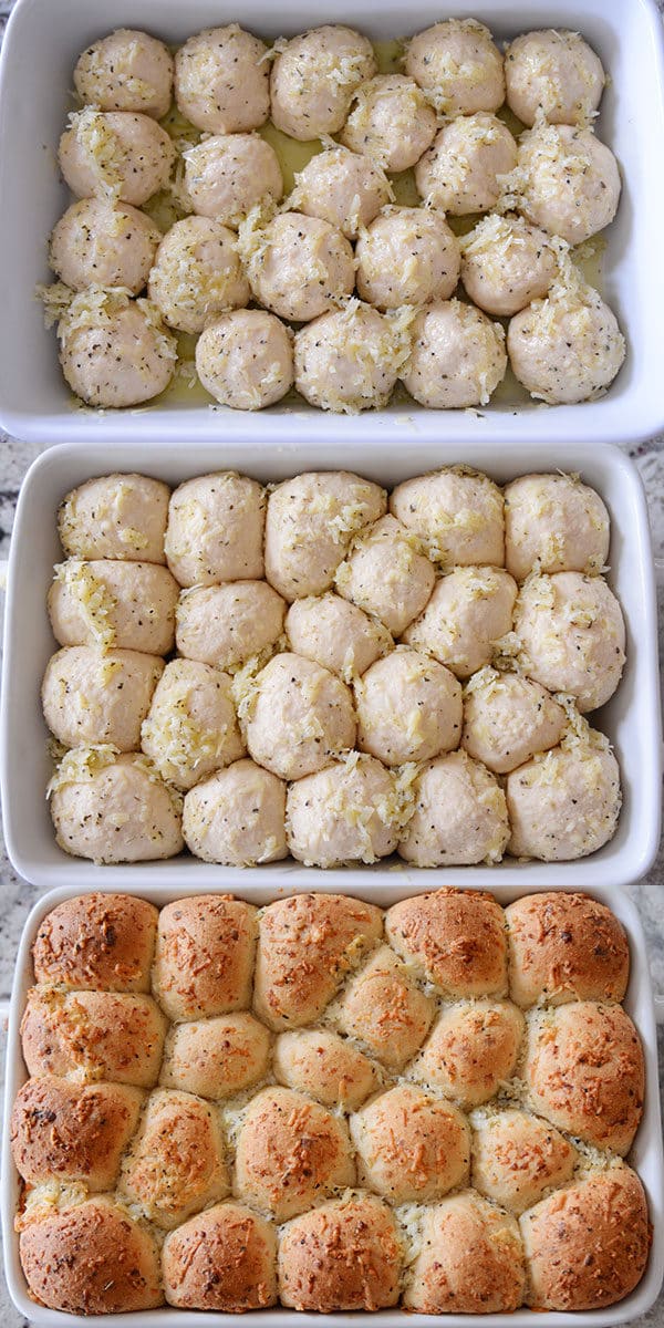 Three pictures showing a pan of asiago rolls with the top two uncooked and the bottom picture cooked.