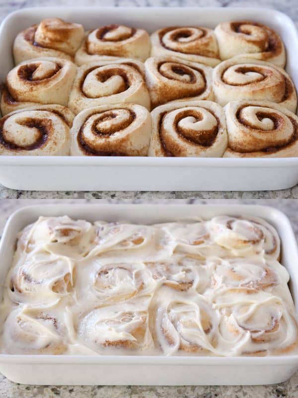 Small batch cinnamon rolls recipe with dough baked and frosted in white pan.