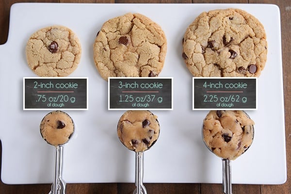 Different sizes of cookie dough scoops full of raw dough with baked cookies of varying sizes on top.