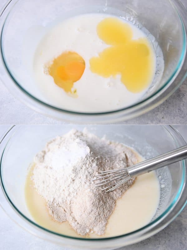 Process shots of mixing egg and buttermilk and adding flour to pancake batter.