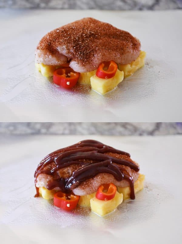 Two pictures showing how to layer pineapple, peppers and BBQ chicken in foil packet.