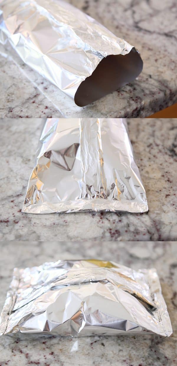 Three pictures showing how to fold and crimp edges of foil packet dinner.