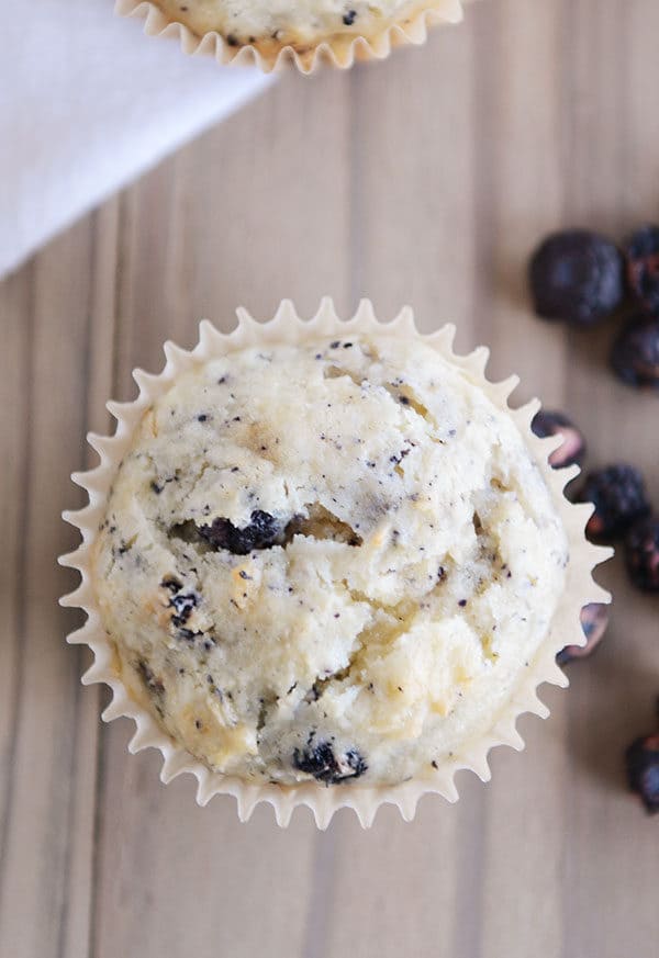 Top view of a blueberry muffin in a muffin liner with fresh blueberries on the side.