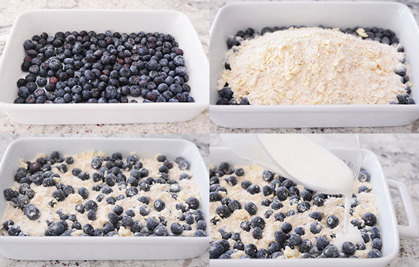 Four pictures showing how to assemble a blueberry dump cake.