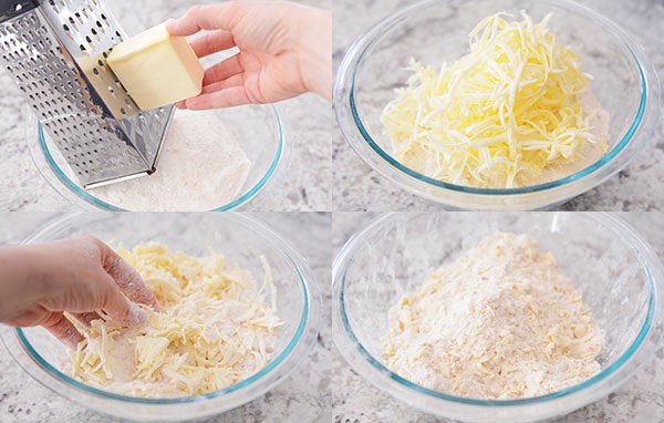 Four pictures showing how to grate butter and mix it with flour. 