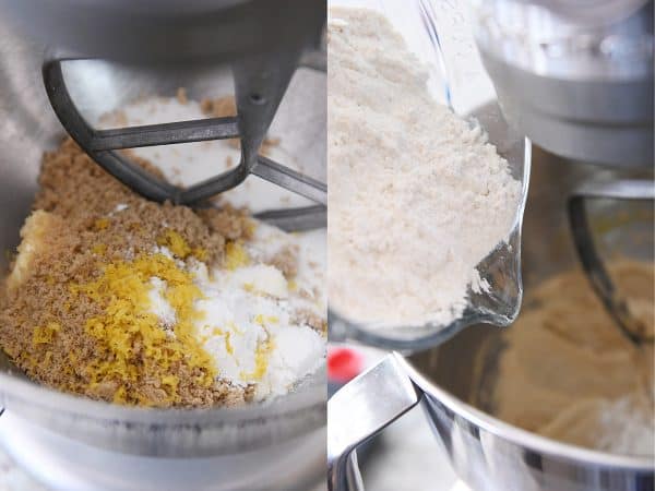 Mixing blueberry muffin cookie batter with lemon zest and adding flour.