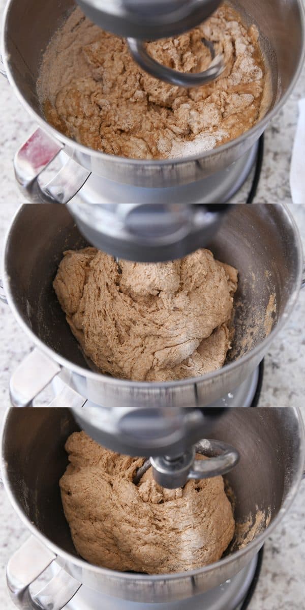 Whole wheat bread dough mixing in the bowl of a KitchenAid.