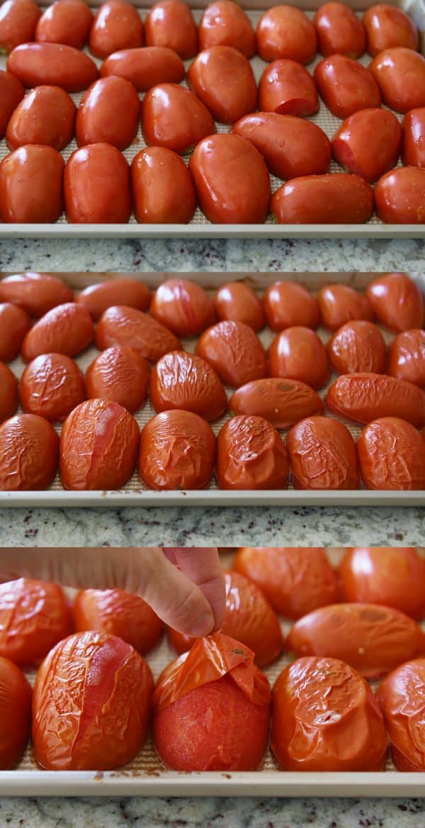 Broiling tomatoes to remove skins for homemade canned spaghetti sauce recipe.