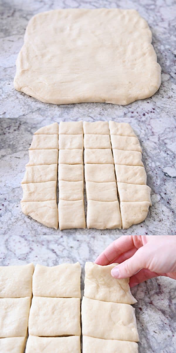 Step by step showing how to roll out dough and cut into squares.