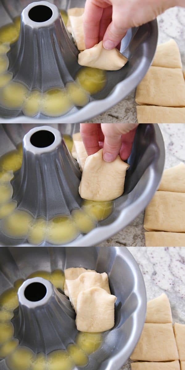 Dipping bundt pieces in butter and lining them in bundt pan.