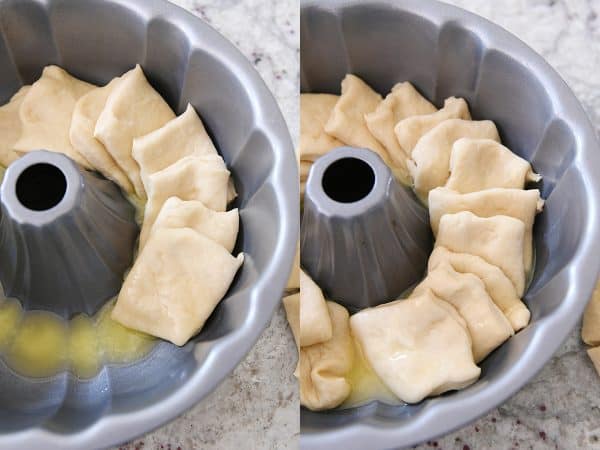 Layering squares of dough in bundt pan.