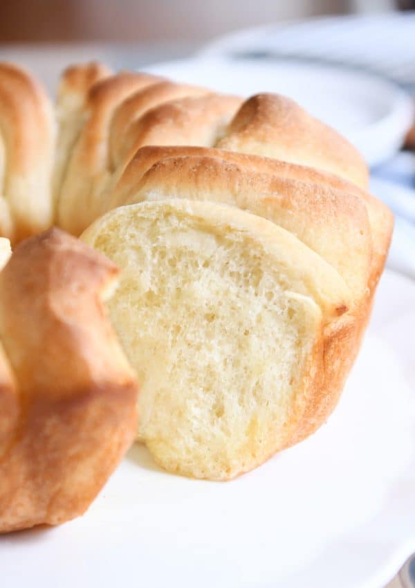 Pull apart bundt bread on white platter.