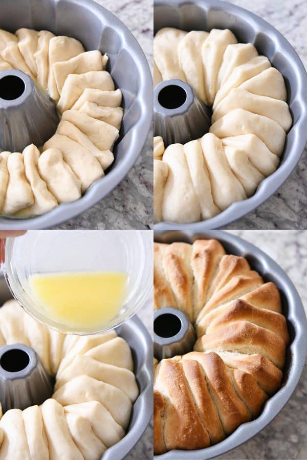 Step by step showing how to put the pieces of dough in the bundt pan.
