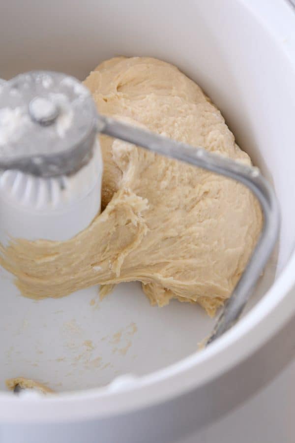 Buttery pull apart bundt bread dough mixing in Bosch mixer.