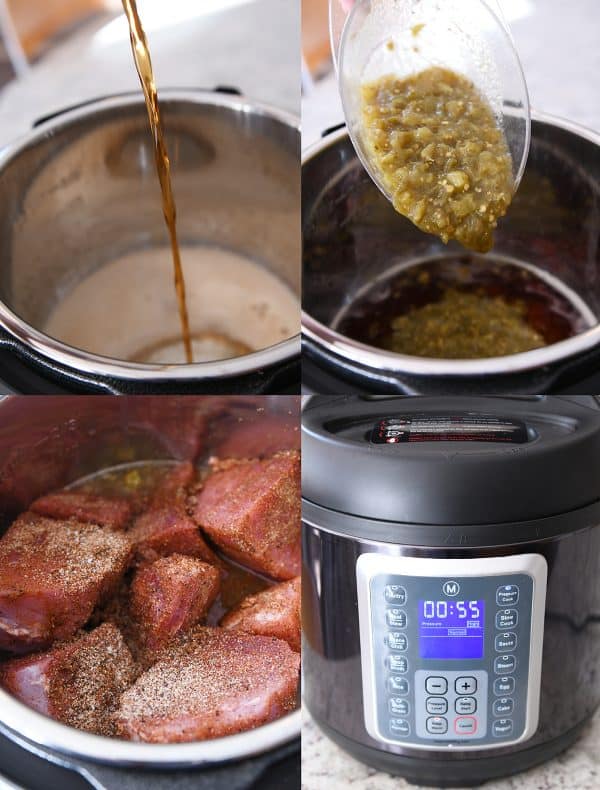 Step by step copycat sweet pork being added to pressure cooker with root beer and salsa.