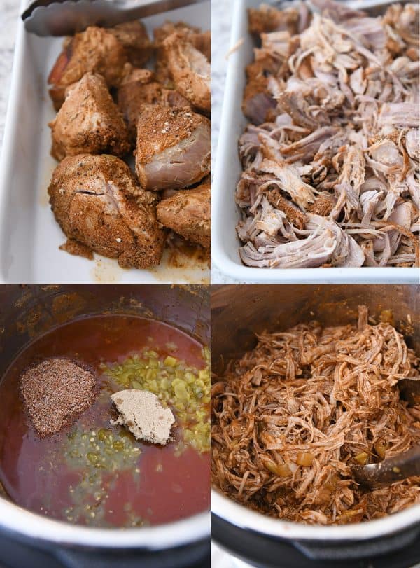 Step by step copycat sweet pork being shredded and added back to pressure cooker with seasonings.