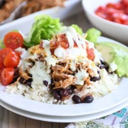 White plate with cilantro lime rice, black beans, sweet pork and toppings.