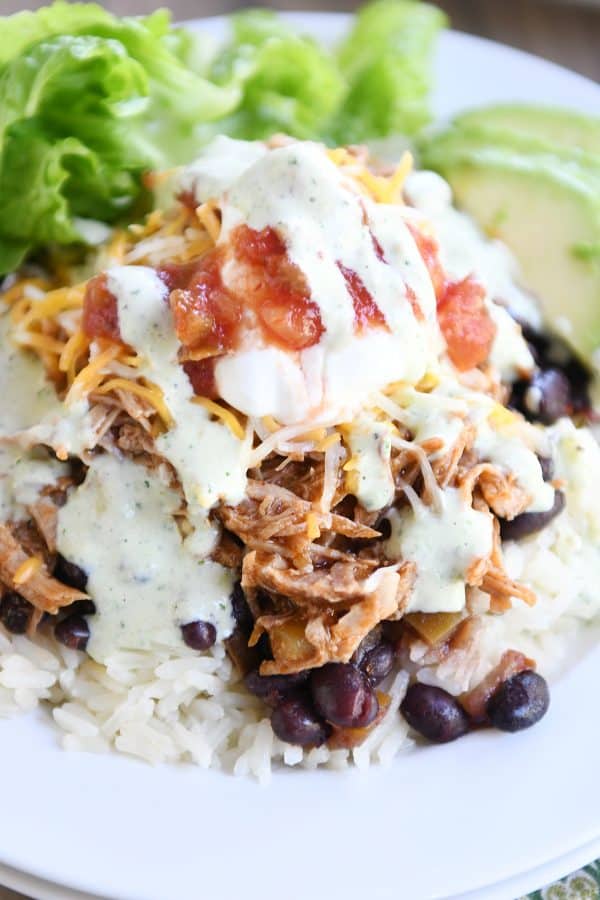 White plate with cilantro lime rice, black beans, sweet pork and toppings.