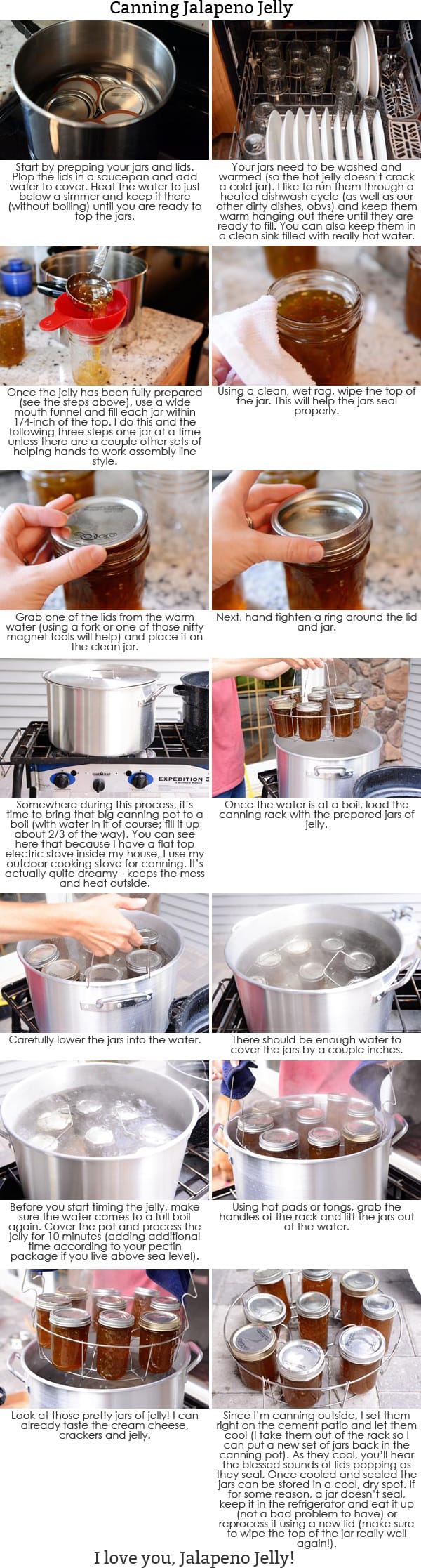Step-by-step pictures and instructions showing how to make jalapeno jelly. 