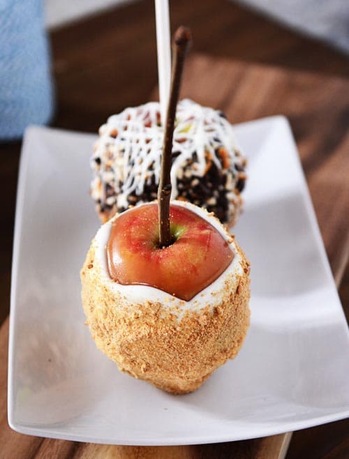 A graham cracker coated and candy coated caramel apple on a white platter.