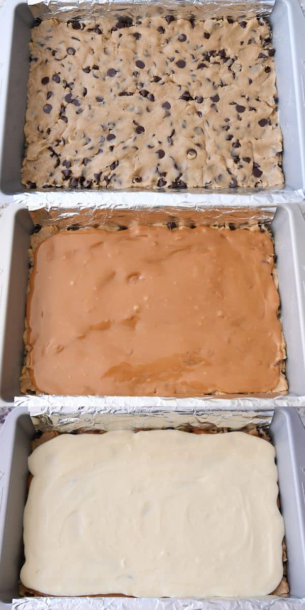 Process shots of 9X13-inch pan of cookie dough, then layered caramel, then layered cheesecake. 