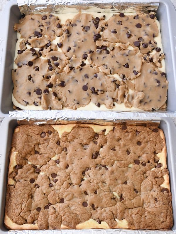 Side by side unbaked and baked pans of caramel cheesecake stuffed chocolate chip cookie bars.