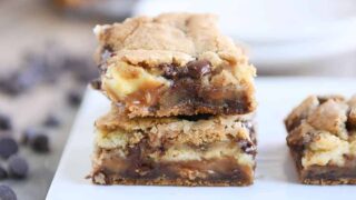 Caramel Cheesecake Stuffed Chocolate Chip Cookie Bars