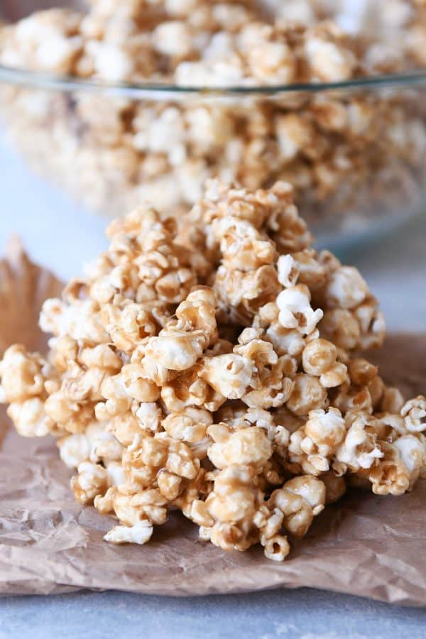 Large bowl of soft and chewy caramel popcorn.