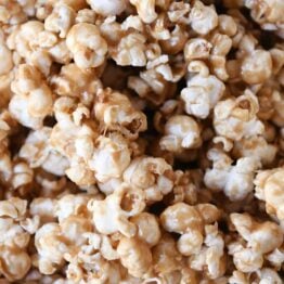 Closeup of soft and chewy caramel popcorn.