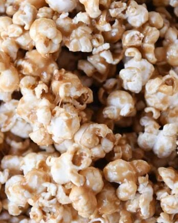 Closeup of soft and chewy caramel popcorn.