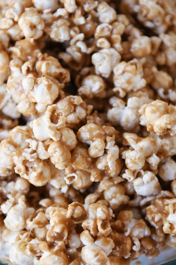 Closeup of soft and chewy caramel popcorn.