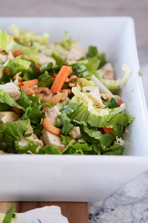 A large white dish full of chopped cashew chicken salad. 