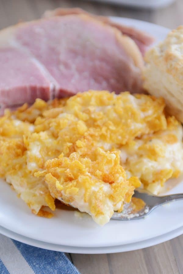 Scoop of cheesy funeral potatoes on plate with ham and biscuit.