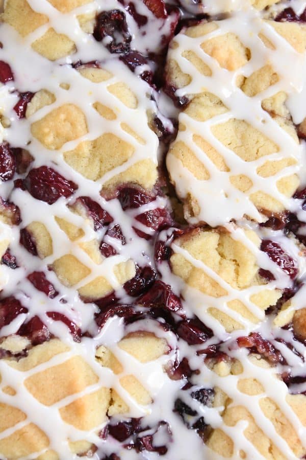 Close up of the top of the cherry pie cookie bars.