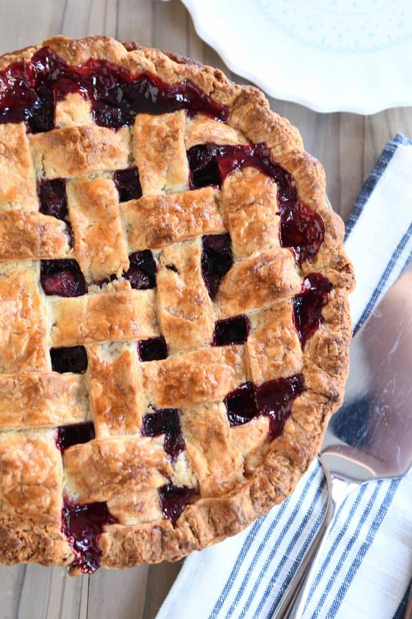 Baked cherry pie with golden lattice crust.