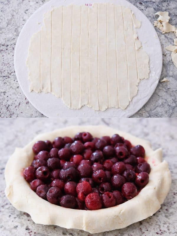 Cherry pie filling going in pie with lattice pie crust strips ready.