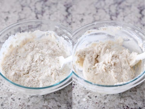 Side by side look at mixing the batter for the dumplings.