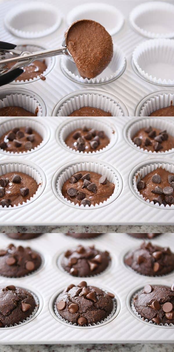 How to process of scooping muffin batter into tin and then showing unbaked muffins and baked muffins.