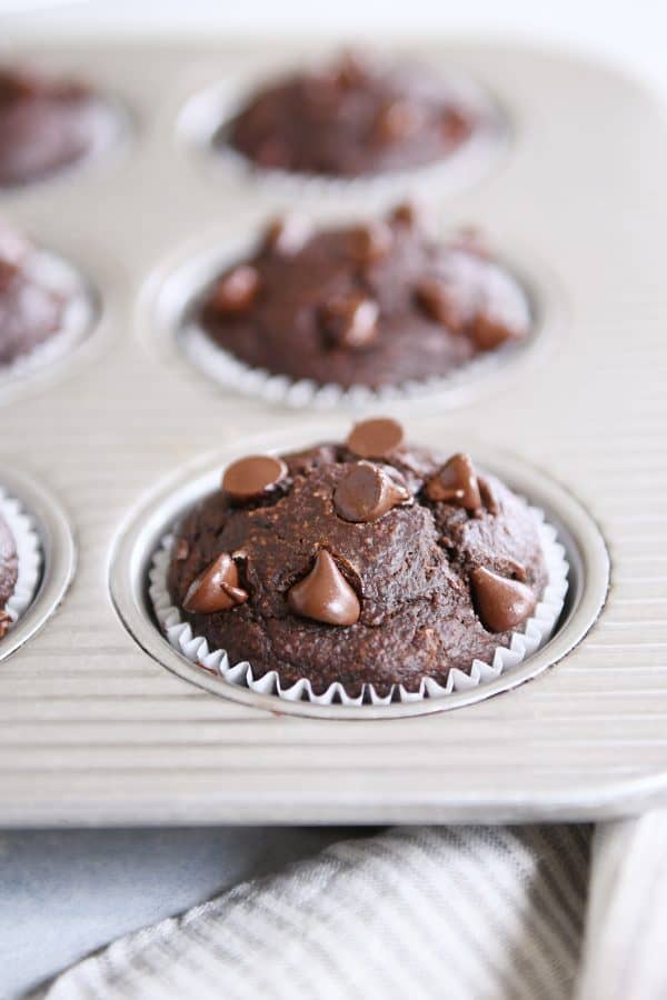 Double chocolate banana blender muffin in metal tin. 