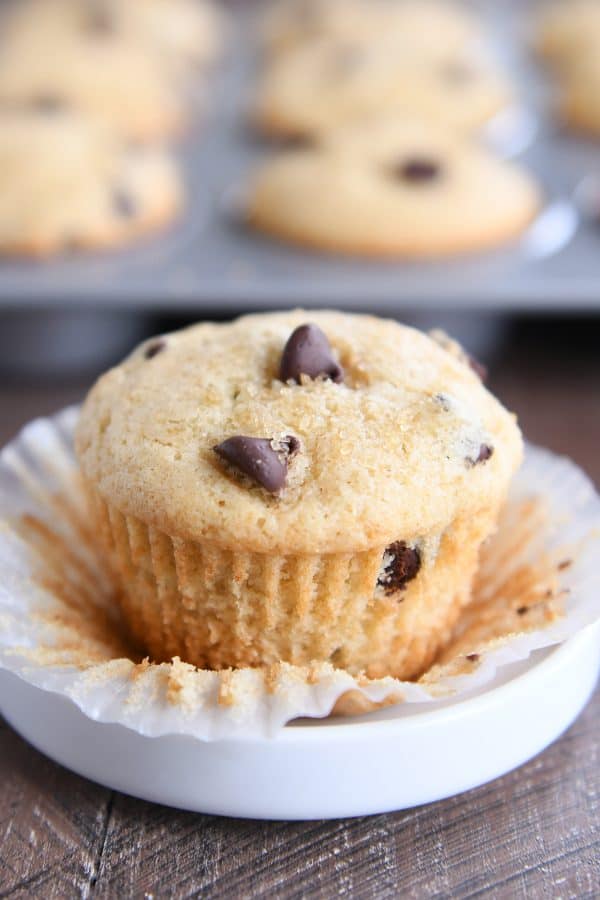 Easy one-bowl chocolate chip muffin unwrapped on white plate.