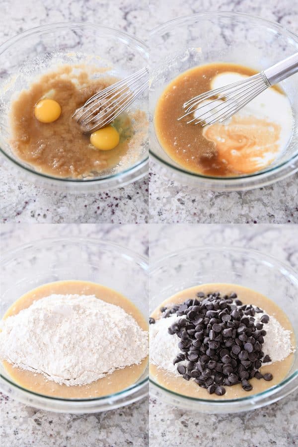 Step-by-step of eggs, buttermilk, flour and chocolate chips being added. 