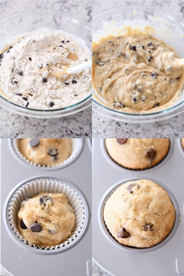 Step-by-step of flour being added, then the batter is mixed and baked.