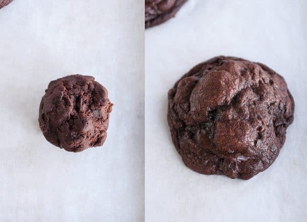 Side by side unbaked and then baked double dark chocolate cookie.