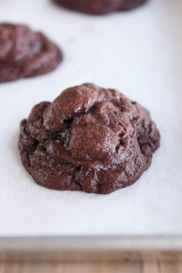 Baked and puffy double dark chocolate cookie.